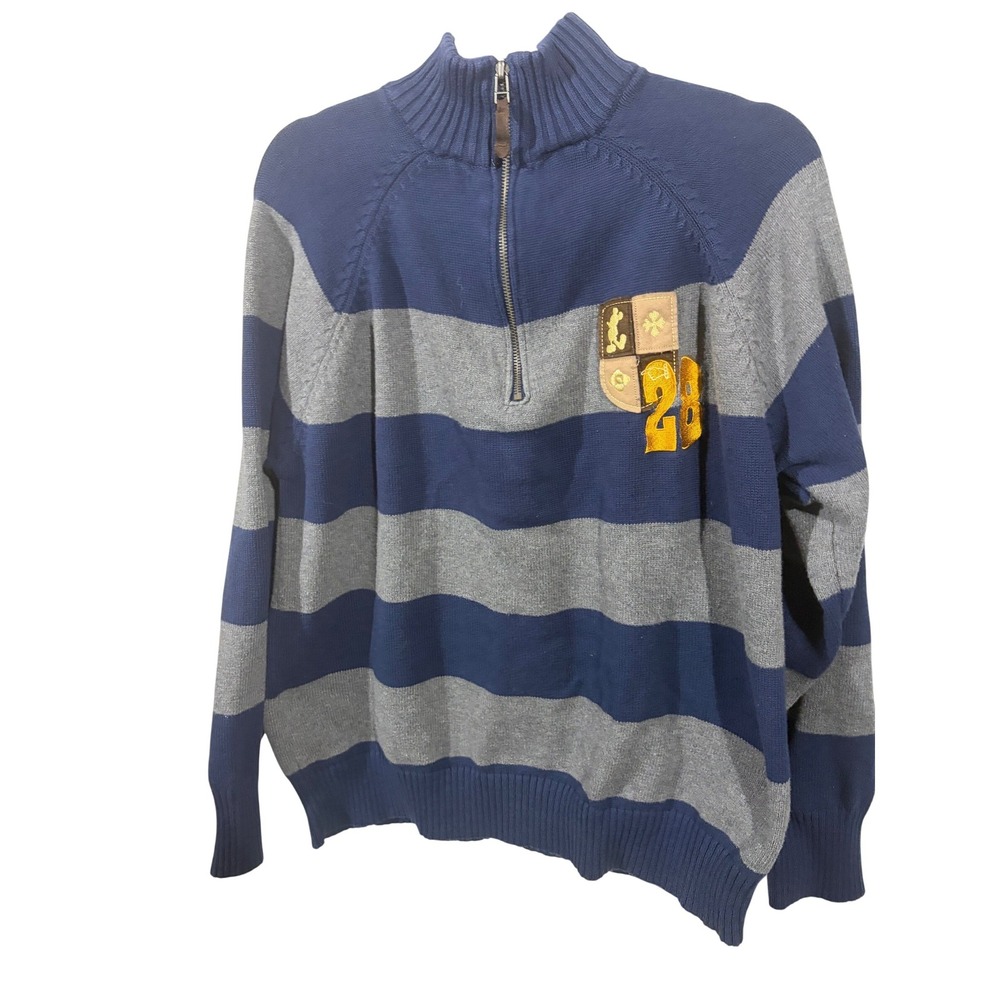 Disney Store Mens Quarter Zip Striped Sweater Navy Gray Mickey Mouse Crest H2113